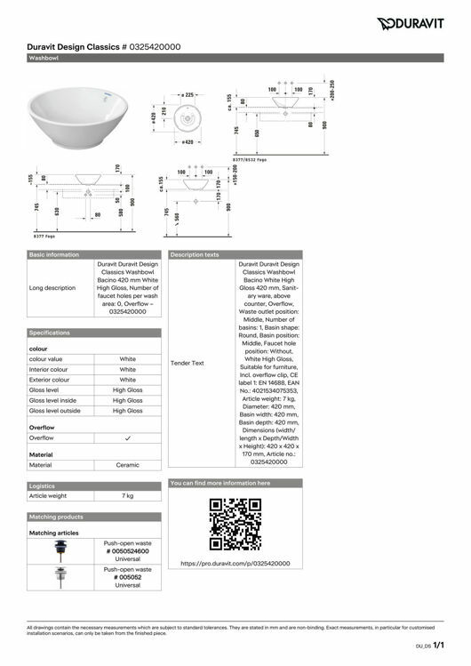 Picture of Bacino Washbowl White High Gloss 420 mm