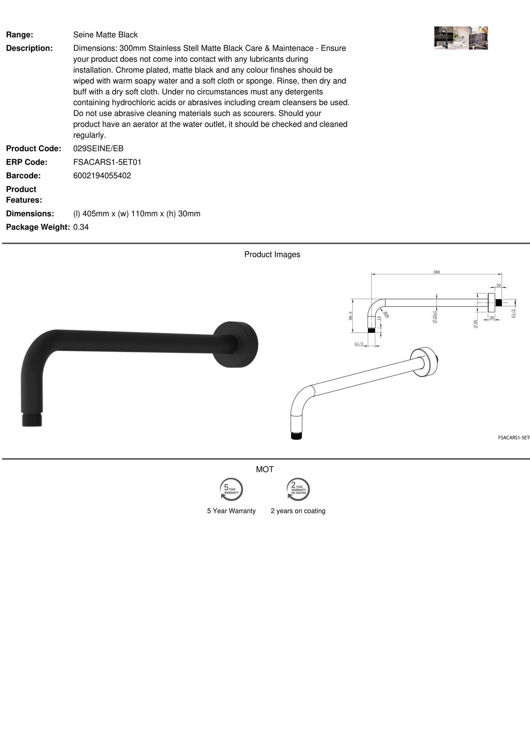 Picture of Cobra Seine Round Shower Arm 300 mm (Matt Black)